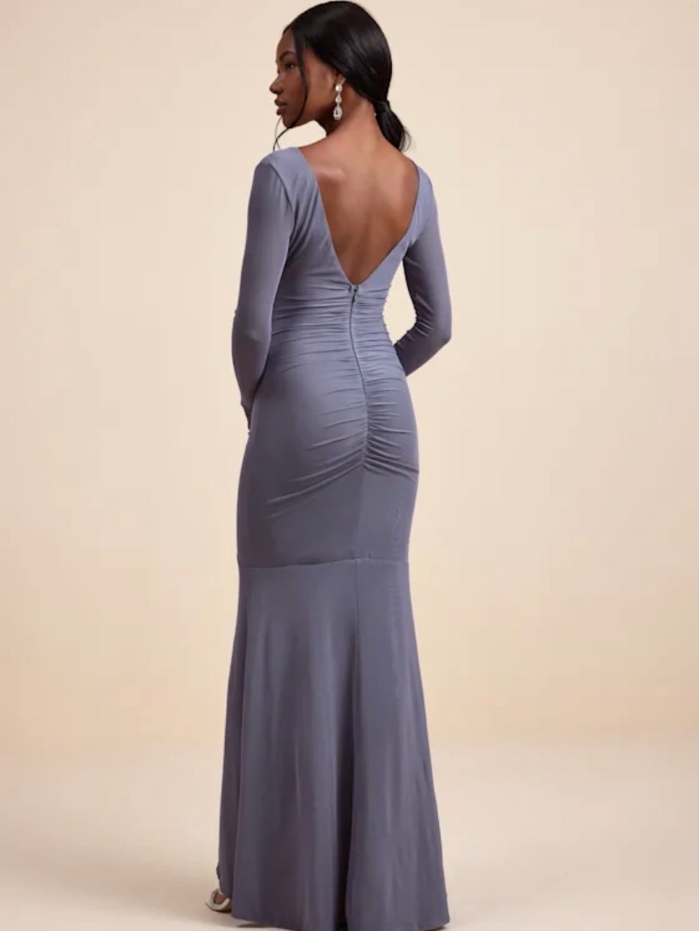 Lulu's Blue Long Sleeve V-Neck Ruched Maxi Dress - Picture 3 of 5